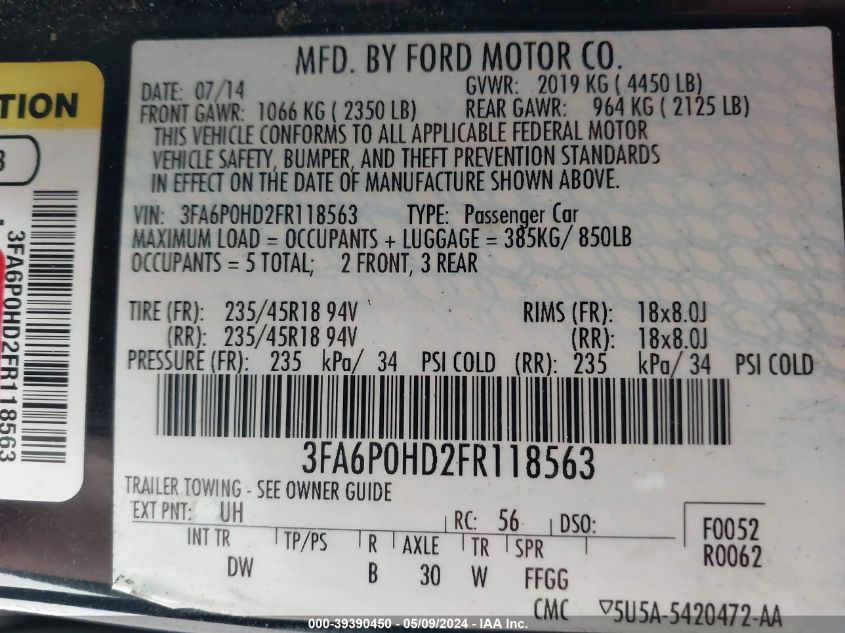 2015 Ford Fusion Se VIN: 3FA6P0HD2FR118563 Lot: 39390450