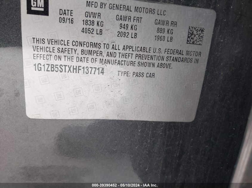 2017 Chevrolet Malibu Ls VIN: 1G1ZB5STXHF137714 Lot: 39390452