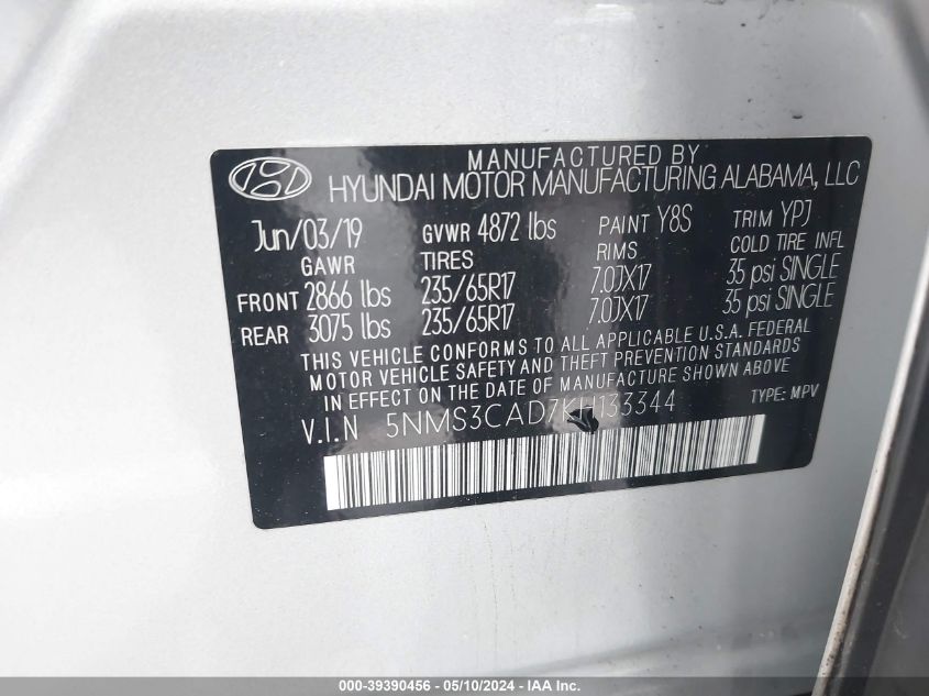2019 Hyundai Santa Fe Sel VIN: 5NMS3CAD7KH133344 Lot: 39390456
