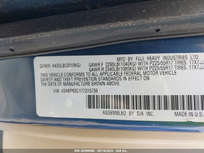 2007 Subaru Outback 2.5I Limited VIN: 4S4BP62C177315739 Lot: 39390466