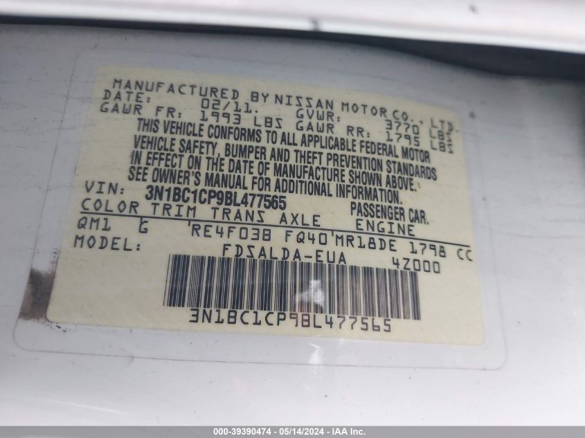 2011 Nissan Versa S/Sl VIN: 3N1BC1CP9BL477565 Lot: 39390474
