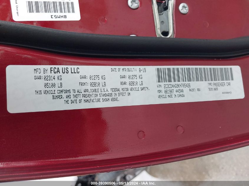 2019 Dodge Charger Gt Rwd VIN: 2C3CDXHG9KH705426 Lot: 39390506