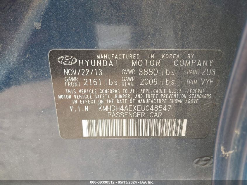 2014 Hyundai Elantra Se VIN: KMHDH4AEXEU048547 Lot: 39390512