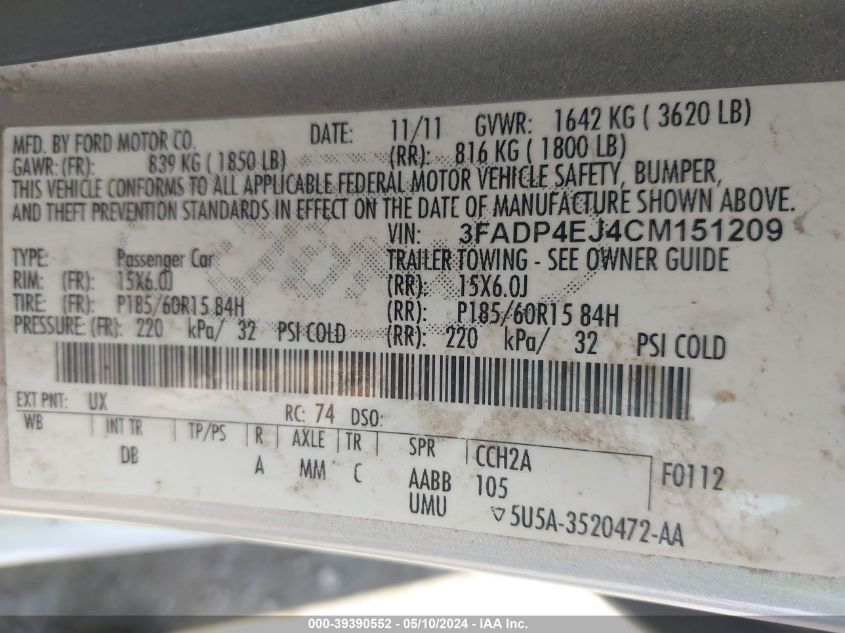 2012 Ford Fiesta Se VIN: 3FADP4EJ4CM151209 Lot: 39390552