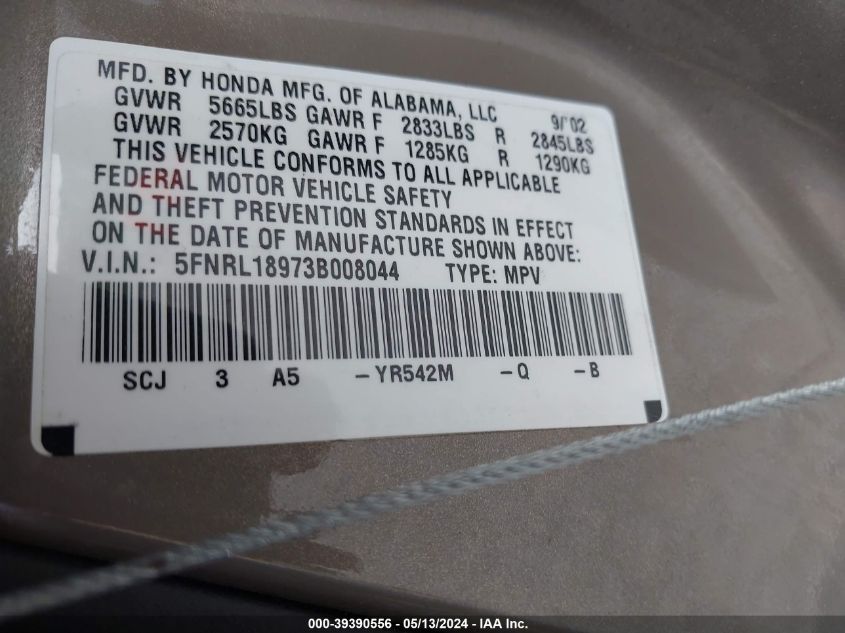 2003 Honda Odyssey Ex-L VIN: 5FNRL18973B008044 Lot: 39390556