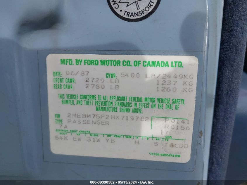 1987 Mercury Grand Marquis Ls VIN: 2MEBM75F2HX719782 Lot: 39390582