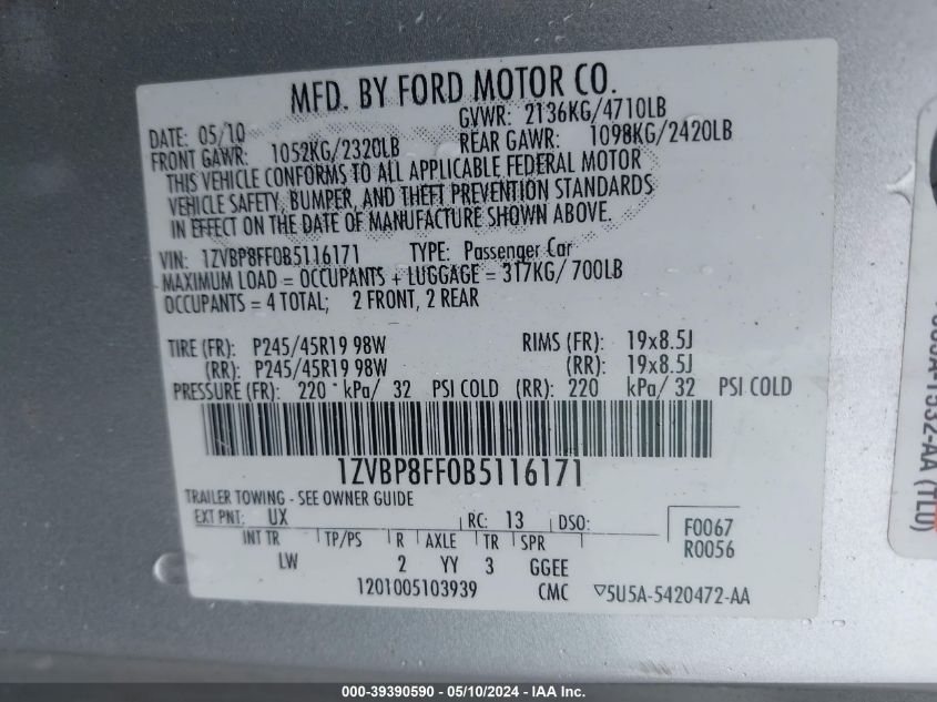 2011 Ford Mustang Gt Premium VIN: 1ZVBP8FF0B5116171 Lot: 39390590