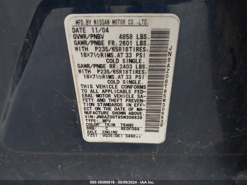 2005 Nissan Murano Sl VIN: JN8AZ08T95W308639 Lot: 39390619