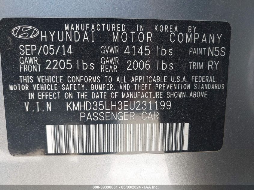 2014 Hyundai Elantra Gt VIN: KMHD35LH3EU231199 Lot: 39390631