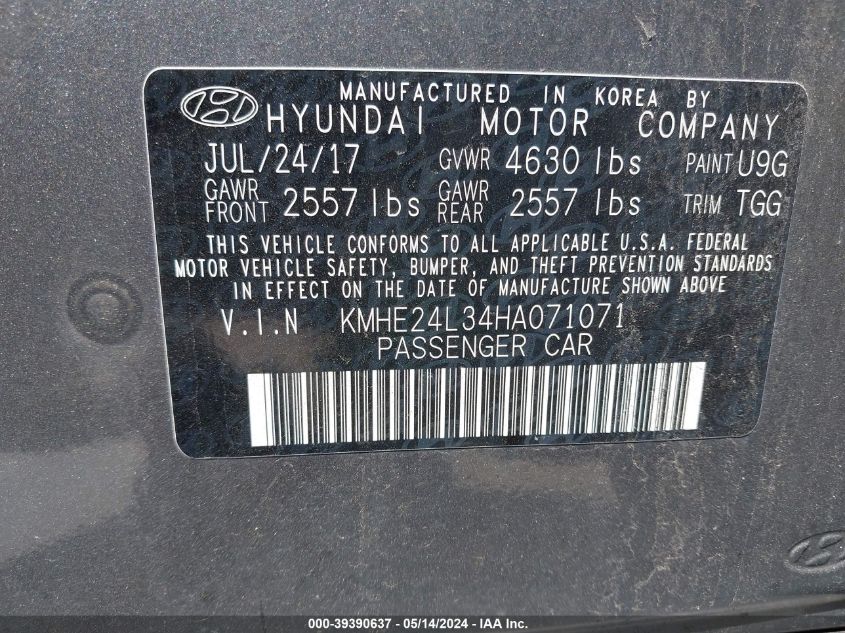 2017 Hyundai Sonata Hybrid Se VIN: KMHE24L34HA071071 Lot: 39390637