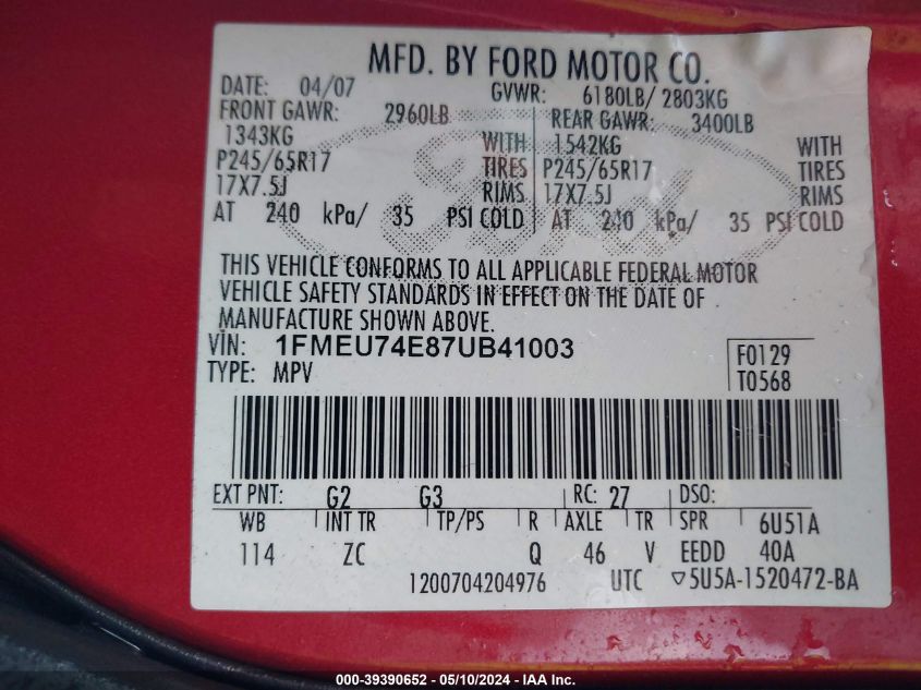 2007 Ford Explorer Eddie Bauer VIN: 1FMEU74E87UB41003 Lot: 39390652