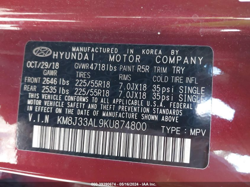 2019 Hyundai Tucson Sel VIN: KM8J33AL9KU874800 Lot: 39390674