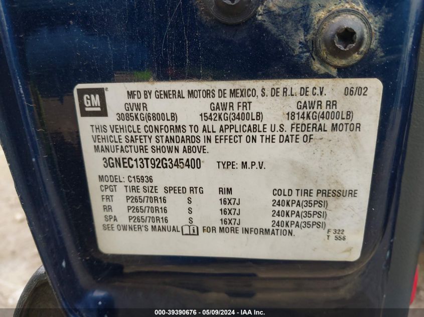 2002 Chevrolet Avalanche 1500 VIN: 3GNEC13T92G345400 Lot: 39390676