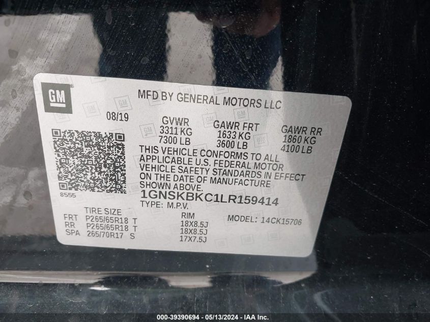 2020 CHEVROLET TAHOE 4WD LT - 1GNSKBKC1LR159414