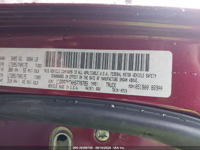 2017 Ram 1500 Rebel 4X4 5'7 Box VIN: 1C6RR7YTXHS778785 Lot: 39390700