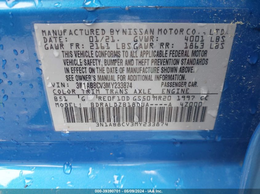 2021 Nissan Sentra Sv Xtronic Cvt VIN: 3N1AB8CV3MY233874 Lot: 39390701