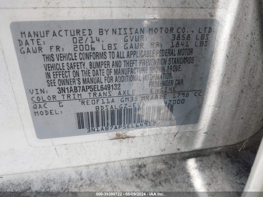 2014 Nissan Sentra Sl VIN: 3N1AB7AP5EL649132 Lot: 39390722