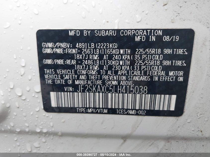 2020 Subaru Forester Touring VIN: JF2SKAXC5LH415038 Lot: 39390727