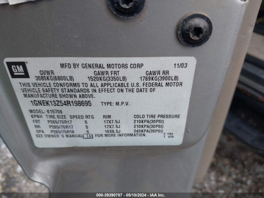 2004 Chevrolet Tahoe Z71 VIN: 1GNEK13Z54R198695 Lot: 39390787