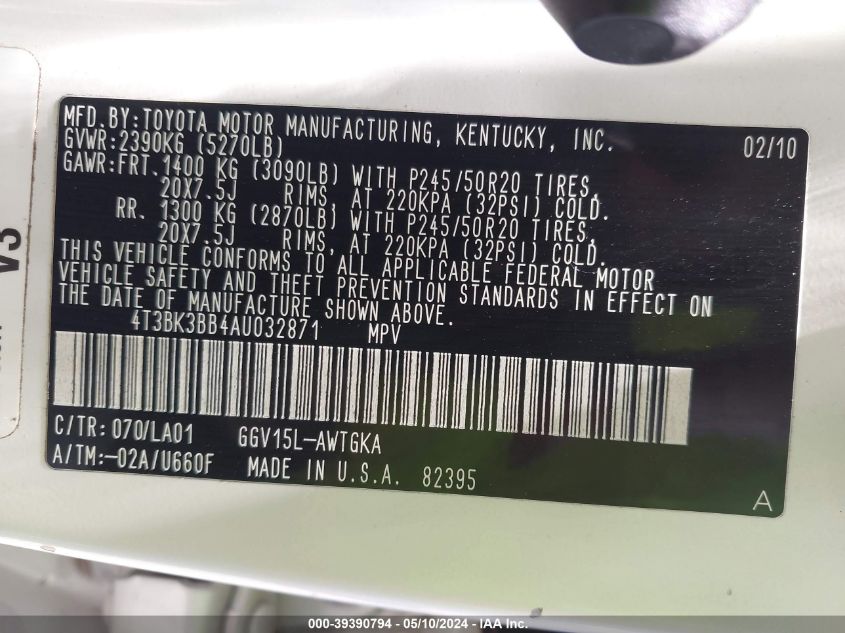 2010 Toyota Venza Base V6 VIN: 4T3BK3BB4AU032871 Lot: 39390794