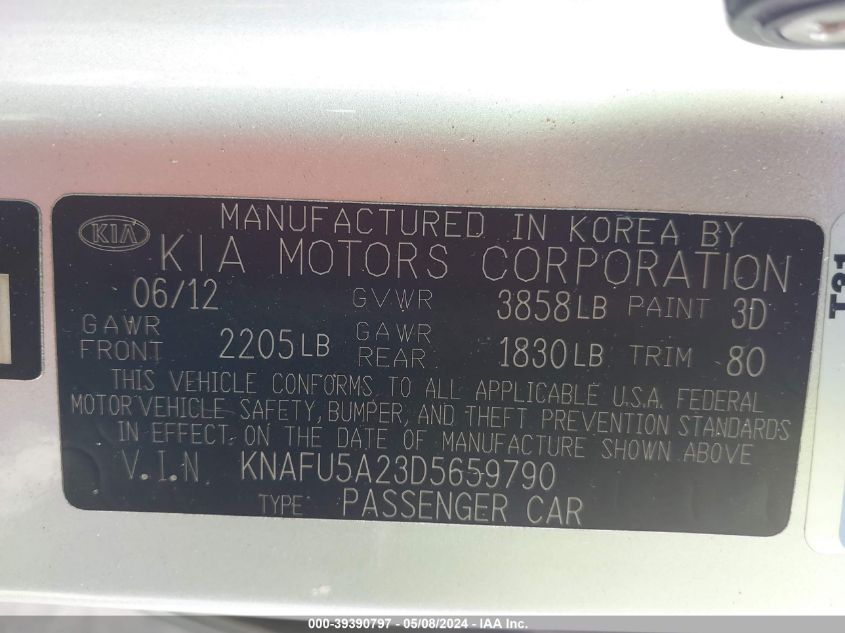 2013 Kia Forte Ex VIN: KNAFU5A23D5659790 Lot: 39390797