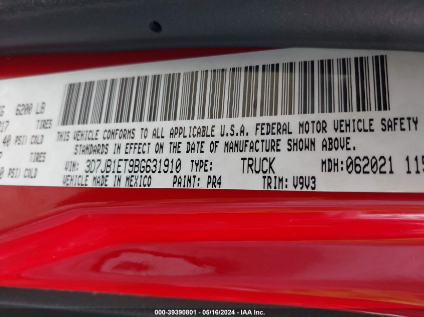 2011 Ram Ram 1500 St VIN: 3D7JB1ET9BG631910 Lot: 39390801
