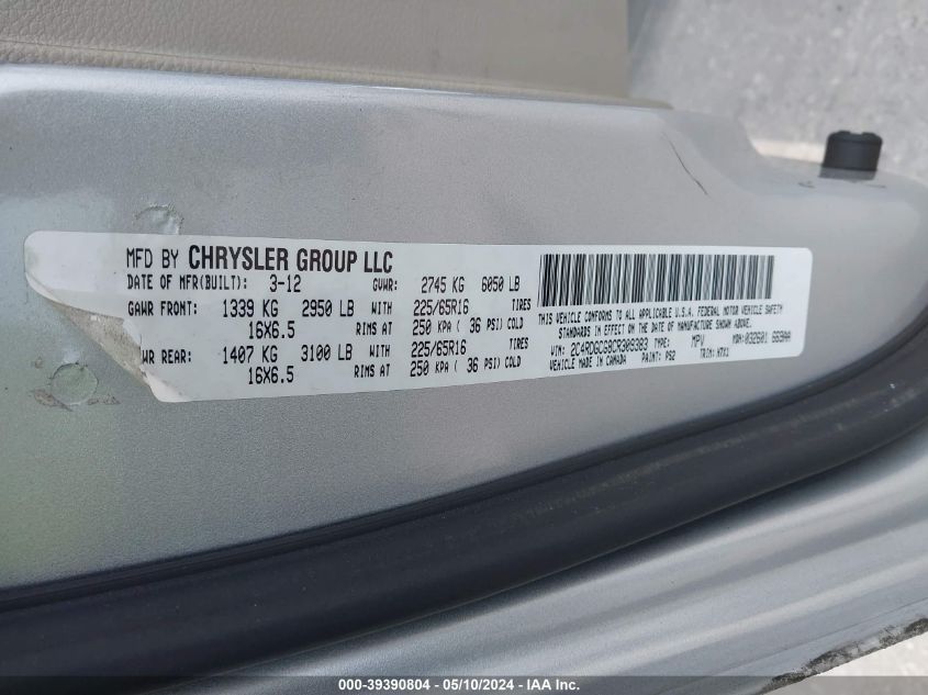 2012 Dodge Grand Caravan Sxt VIN: 2C4RDGCG8CR309383 Lot: 39390804