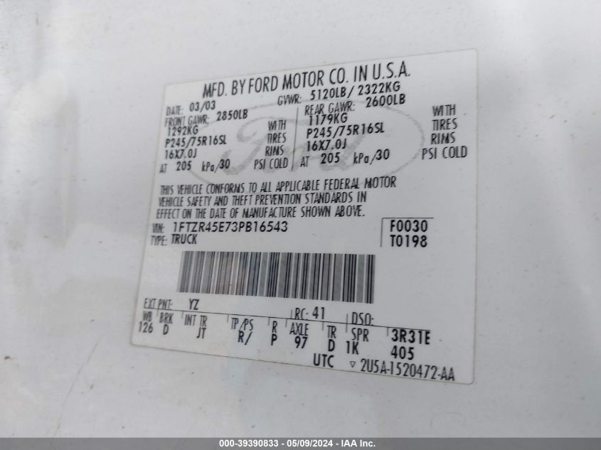 2003 Ford Ranger Edge/Xlt VIN: 1FTZR45E73PB16543 Lot: 39390833