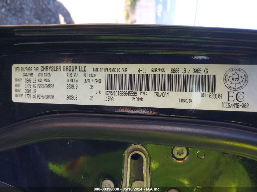 2011 Ram Ram 1500 Sport VIN: 1D7RV1CT9BS645599 Lot: 39390838