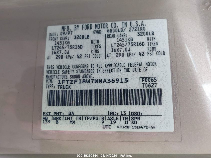 1998 Ford F-150 Lariat/Standard/Xl/Xlt VIN: 1FTZF18W7WNA36915 Lot: 39390844