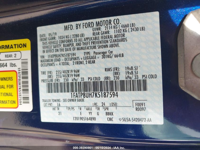 2019 Ford Mustang Ecoboost VIN: 1FATP8UH7K5187594 Lot: 39390861