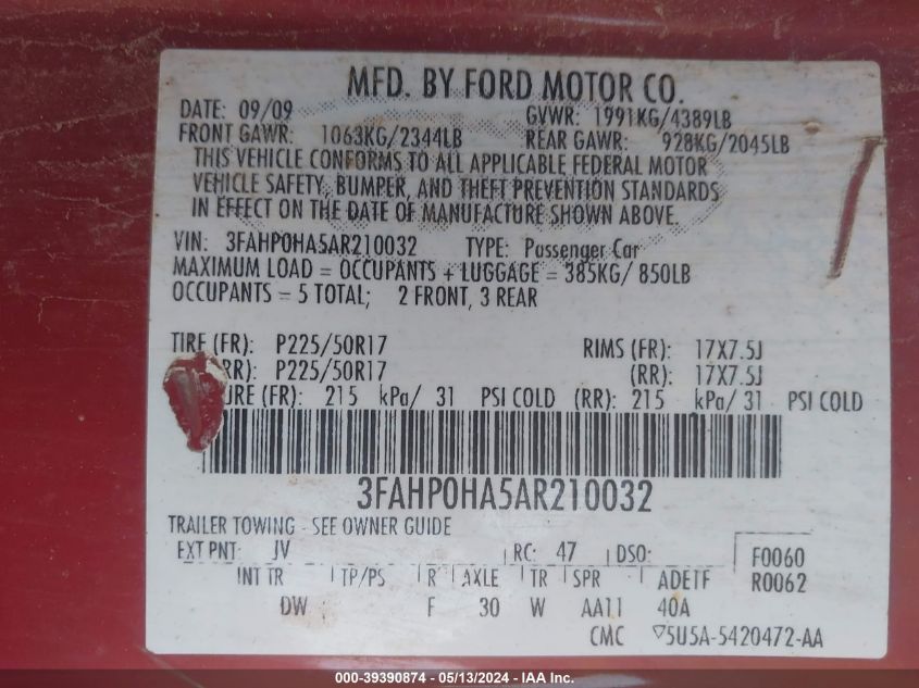 2010 Ford Fusion Se VIN: 3FAHP0HA5AR210032 Lot: 39390874