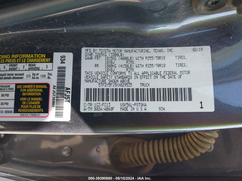 2019 Toyota Tundra Sr5 5.7L V8 VIN: 5TFDY5F15KX829535 Lot: 39390880