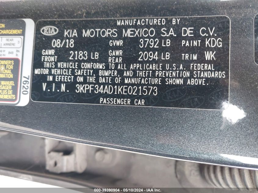2019 KIA FORTE S - 3KPF34AD1KE021573