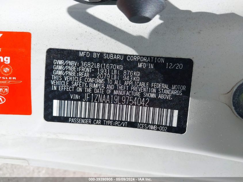 2020 Toyota 86 VIN: JF1ZNAA19L9754042 Lot: 39390905