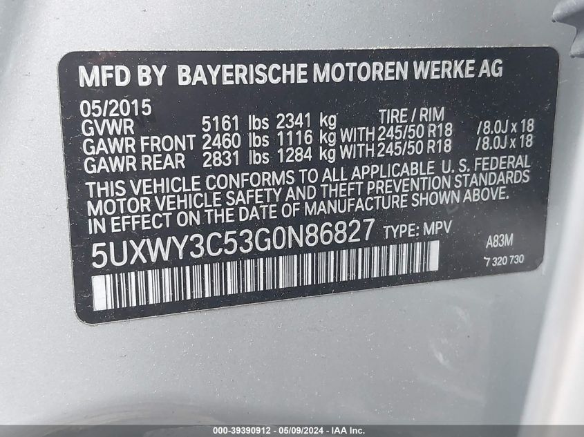 5UXWY3C53G0N86827 2016 BMW X3 xDrive28D