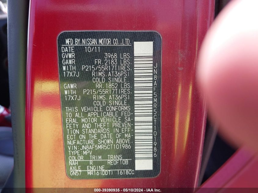 2012 Nissan Juke Sl VIN: JN8AF5MR5CT101986 Lot: 39390935