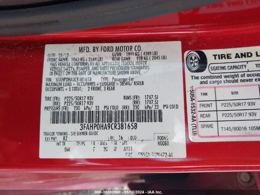 2012 Ford Fusion Se VIN: 3FAHP0HA9CR381658 Lot: 39390960