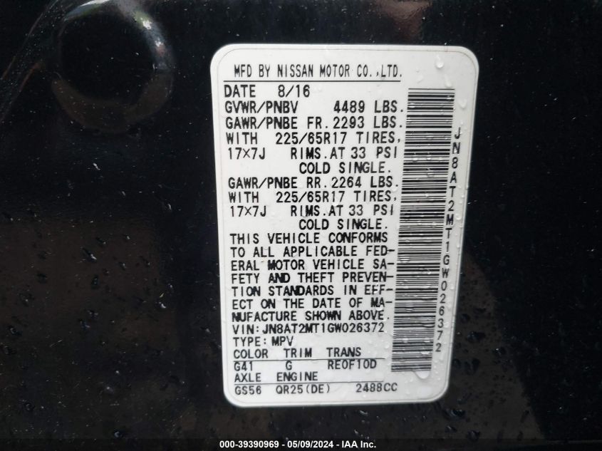 2016 Nissan Rogue S VIN: JN8AT2MT1GW026372 Lot: 39390969