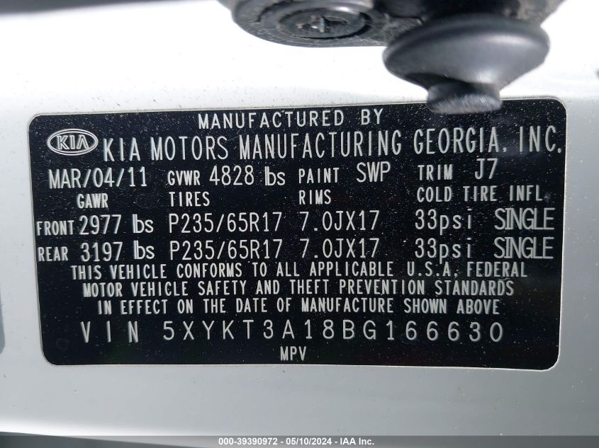 2011 Kia Sorento Lx VIN: 5XYKT3A18BG166630 Lot: 39390972