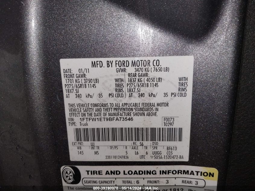 2011 Ford F-150 Xlt VIN: 1FTFW1ET9BFA73546 Lot: 39390978