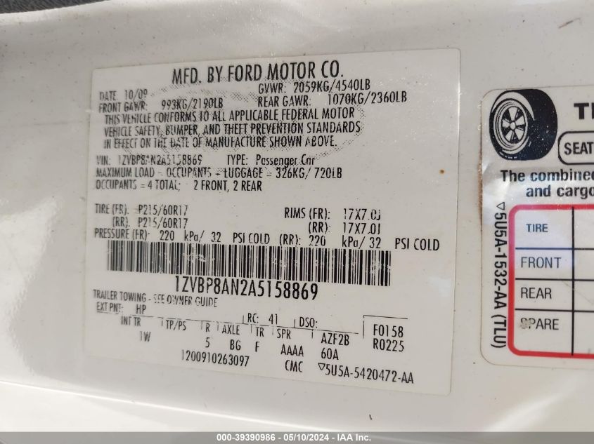 2010 Ford Mustang V6/V6 Premium VIN: 1ZVBP8AN2A5158869 Lot: 39390986