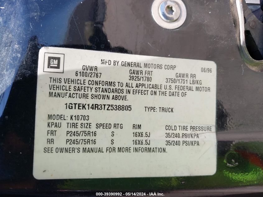 1996 GMC Sierra K1500 VIN: 1GTEK14R3TZ538805 Lot: 39390992