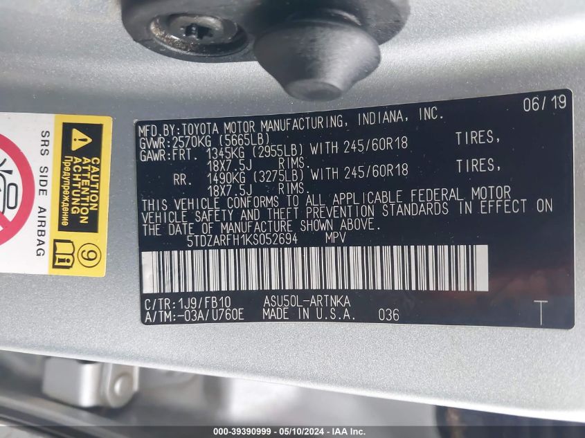 2019 Toyota Highlander Le VIN: 5TDZARFH1KS052694 Lot: 39390999