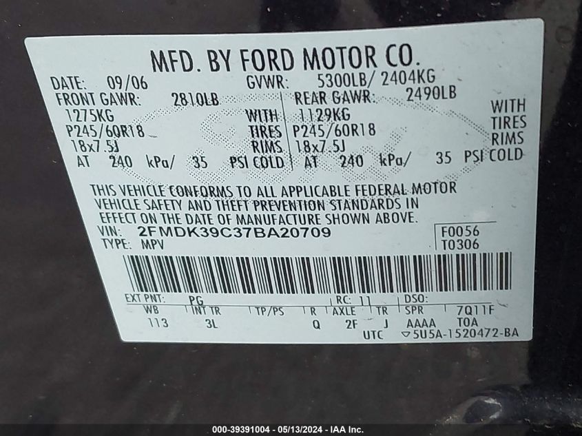 2007 Ford Edge Sel Plus VIN: 2FMDK39C37BA20709 Lot: 39391004