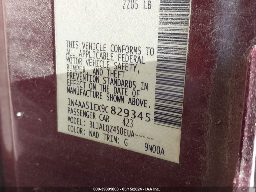 2009 Nissan Maxima 3.5 S VIN: 1N4AA51EX9C829345 Lot: 39391008