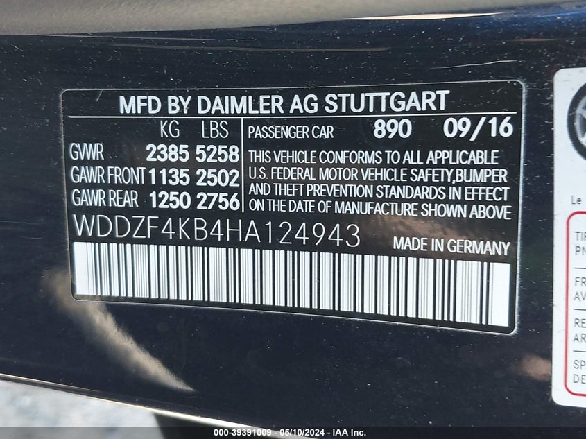 VIN WDDZF4KB4HA124943 2017 MERCEDES-BENZ E 300 4MATIC