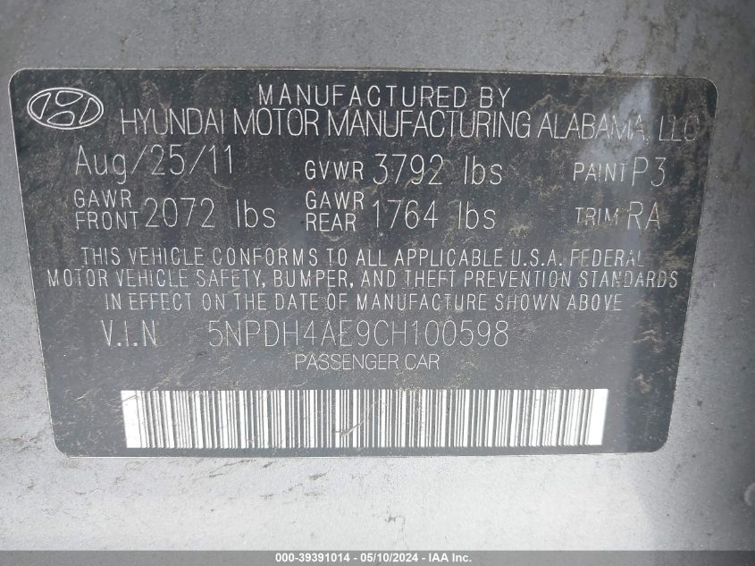 2012 Hyundai Elantra Gls VIN: 5NPDH4AE9CH100598 Lot: 39391014