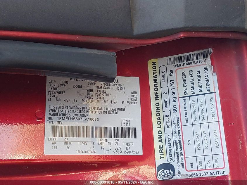 2007 Ford Expedition Xlt VIN: 1FMFU16507LA16033 Lot: 39391018