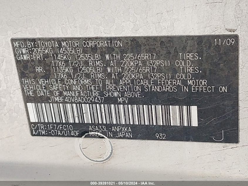 2010 Toyota Rav4 VIN: JTMBF4DV8AD029437 Lot: 39391021